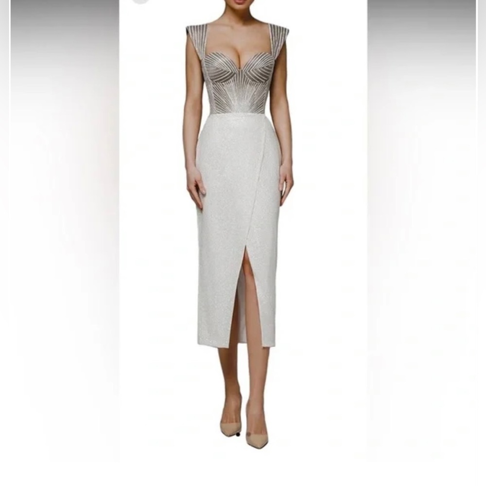 Michele Laperle White Midi Dress with Metallic Bodice